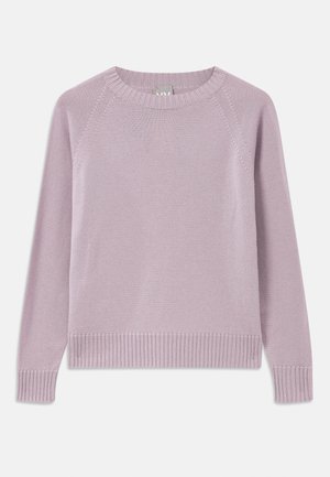 Light purple knit sweater with a ribbed hem and cuffs, raglan sleeves, and a round neckline. Soft texture and seamless design.