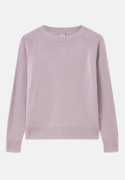 Suéter de malha roxa clara com bainha e punhos canelados, mangas raglan e decote redondo. Textura suave e design sem emendas.