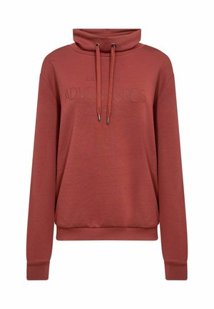 Bordeaux sweatshirt met een hoge hals, met trekkoorden en een gestructureerde afwerking. Heeft de tekst "AVONTUREN BEGINNEN" in een subtiele print.