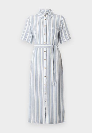 Gestreiftes Hemdblusenkleid in Weiß und Blau, mit Kragen, kurzen Ärmeln, einem Taillengürtel und einer Brusttasche. Verfügt über Holzknöpfe und einen langen Saum.