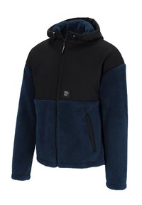 Herren-Hoodie-Jacke mit einem schwarzen, glatten oberen Abschnitt und einem navyblauen, flauschigen Fleece-Unterteil, seitlichen Taschen und Reißverschluss.