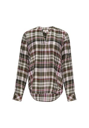 Koszula w kratę z długim rękawem w kolorze oliwkowym, różowym i białym, z dekoltem w kształcie litery V oraz zaokrąglonym dołem, wykonana z lekkiego materiału o gładkiej fakturze.