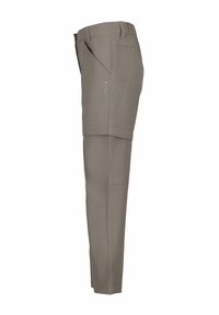 Beige, leichte Hose mit geradem Schnitt, ausgestattet mit Taschen an den Seiten und einem durchgängigen Reißverschluss in der Nähe des Knies für Anpassungsmöglichkeiten. Glatte Textur.