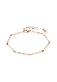 Rose gold bracelet featuring elongated rectangular links, interspersed with circular accents, and a lobster clasp with an extension chain.