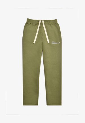 Olivinvihreät collegehousut, pehmeää puuvillamateriaalia, joustava vyötärö vyöllä, painettu logo vasemmassa lahkeessa, kapeneva istuvuus.