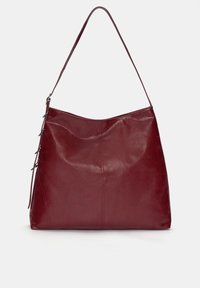 Rote Lederhandtasche mit glatter Textur, einem einzelnen Schultergurt und seitlichen Details. Sie verfügt über ein minimalistisches Design mit einer abgerundeten Form.