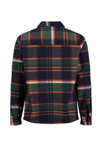 Camicia di flanella a scacchi con un motivo in blu scuro, verde, arancione e bianco. Presenta un colletto, polsini con bottoni e una vestibilità comoda.