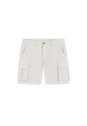 Pantalones cortos cargo de beige claro con botón y cremallera delanteros, dos bolsillos laterales y dos bolsillos cargo con solapa en los muslos.