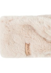 Faux fur hoofdband in zacht blushroze, met een gladde textuur en een klein leren label met merknaam.