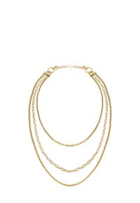 Trehalsad guldkedja med varierande kedjestilar: slät, strukturerad och länkad. Varje kedja har olika tjocklek och design.