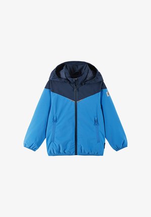 Blauwe en marineblauwe jas met capuchon, ritssluiting aan de voorkant, elastische manchetten, twee zakken met rits en een contrasterend kleurblokontwerp op de schouders.