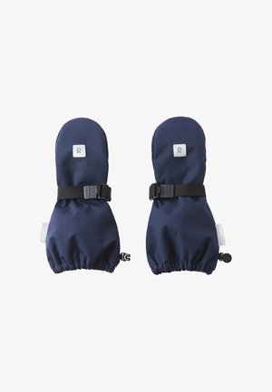 Mittens blu navy con punte arrotondate, cinghie nere regolabili, polsini elastici e una piccola etichetta con logo sulla parte superiore. Tessuto morbido e testurizzato.