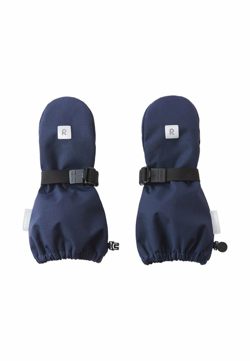 Granatowe rękawice z zaokrąglonymi końcówkami, regulowanymi czarnymi paskami, elastycznymi mankietami i małą naszywką z logo na górze. Miękka, teksturowana tkanina.