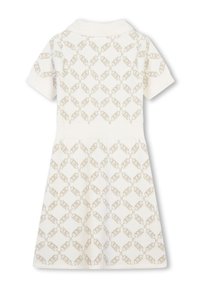 White short-sleeve knit dress with beige chain-link pattern, ribbed collar, and flared skirt.