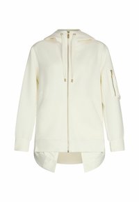 Crème-kleurige hoodie van zachte stof met een ritssluiting aan de voorkant, verstelbare trekkoorden en een zijzak. Heeft een gespleten zoom ontwerp.