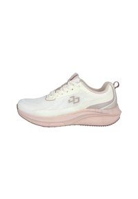 Zapatilla deportiva ligera en malla blanca con acentos en rosa. Cuenta con una suela acolchada, tela texturizada y un diseño de cordones para un ajuste seguro.