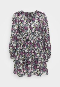 Blommig långärmad klänning med V-ringning, åtsittande midja och lager-på-lager kjol i lila, vitt, gult och gröna nyanser på en mörk bakgrund.