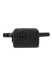 Borsa in pelle nera con una texture a stampa coccodrillo, dotata di chiusura con zip superiore e di un manico laterale per il trasporto.