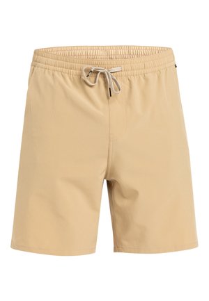 Beige zwemshorts met een elastische tailleband en koord, met een gladde textuur en een ontwerp dat boven de knie valt.