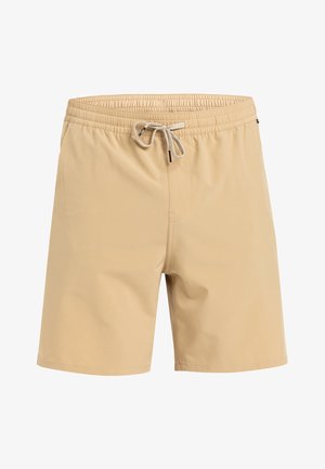 Beige zwemshorts met een elastische tailleband en koord, met een gladde textuur en een ontwerp dat boven de knie valt.