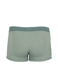 Shorts de bain verts avec une texture lisse, une taille profilée et des accents cousus. Présentent un design simple et épuré.