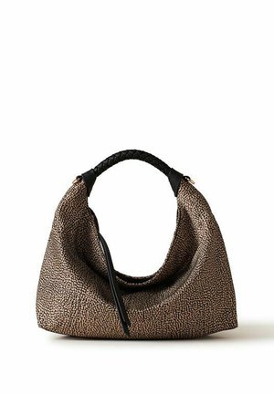 Brown textured handbag with soft structure and braided black handle, featuring a black leather zipper pull on a white background.