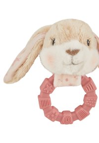 Soft plush rabbit head with floppy ears, attached to a textured pink silicone ring featuring various patterns and shapes.
