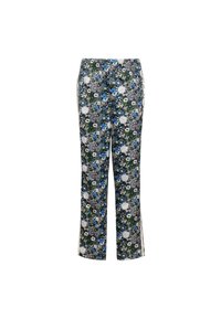 Nohavice s kvetinovým vzorom, ktoré majú tmavé pozadie s modrými, bielymi a ružovými kvetmi; obsahujú bočné pruhy a elastický pás.