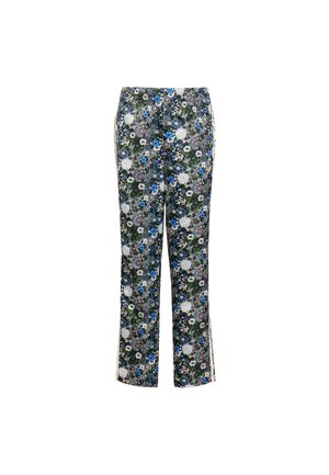 Blumenmuster-Hosen mit dunklem Hintergrund und blauen, weißen und rosa Blumen; sie verfügen über seitliche Streifen und einen elastischen Bund.