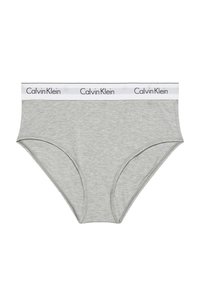 Szare bawełniane bokserki z białą elastyczną gumką w pasie z czarnym napisem „Calvin Klein”. Klasyczny krój, gładka faktura, bez dodatkowych wzorów.