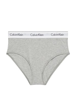 Slip grigi in cotone con elastico bianco in vita con il marchio "Calvin Klein" in nero. Taglio classico, texture liscia, senza motivi aggiuntivi.