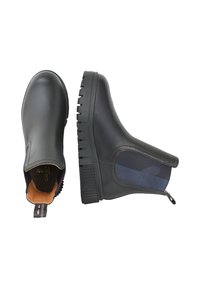 Czarne botki do kostki z gładką skórzaną cholewką, elastycznym bocznym panelem oraz teksturowaną gumową podeszwą. Posiadają zamek błyskawiczny oraz kontrastowy akcent w kolorze granatowym.