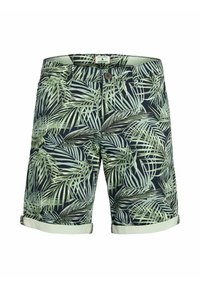 Shorts pour homme avec imprimé feuilles de palmier vertes sur fond foncé, fermeture par bouton et zip, et revers clairs retroussés.