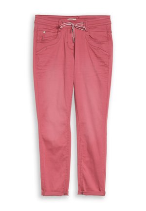 Rosa Freizeithose mit vorderen Taschen und einem weißen Kordelzug in der Taille, flach liegend mit hochgekrempelten Bündchen an den Knöcheln gezeigt.