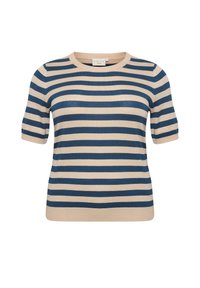 Beige og marineblå stribet kortærmet striktrøje med rund hals og ribbet kant.
