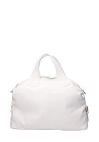 Borsa da viaggio in pelle bianca con superficie texturizzata, doppi manici superiori e dettagli in metallo dorato. Presenta una chiusura con zip e tasche laterali.