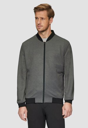 Grau Bomberjacke aus strukturiertem Stoff, mit schwarzem Rippkragen und -bündchen, durchgehendem Reißverschluss vorne und Seitentaschen.