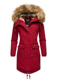 Manteau d'hiver long rouge avec capuche en fourrure, fermeture éclair à l'avant, cordons de taille ajustables et plusieurs poches à rabat et zip.