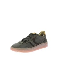 Sneaker in pelle verde scuro con accenti in suede grigio, punta rotonda, lacci neri, fodera gialla e suola traslucida rosa.