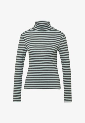 Gestreifter Rollkragenpullover in Grau und Hellblau, aus weichem Stoff gefertigt. Verfügt über lange Ärmel und ein enganliegendes Design.