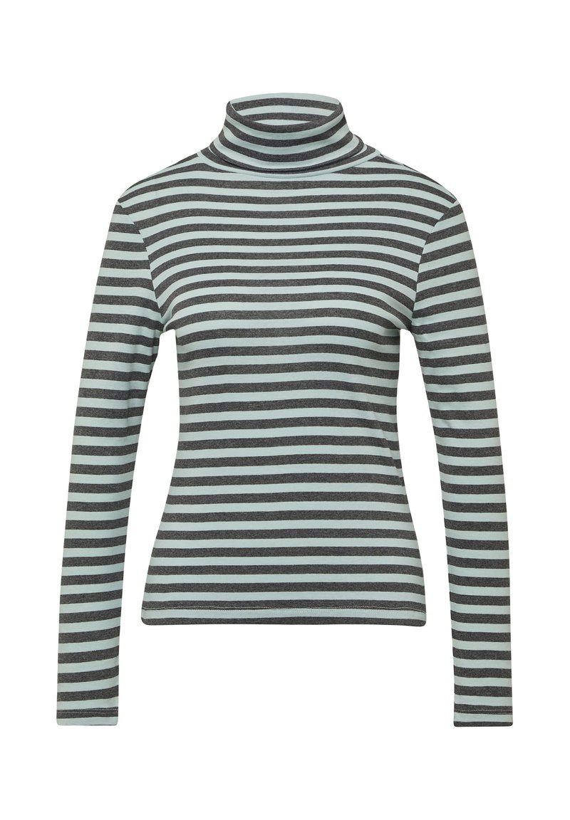 Sweter z dekoldem w szaro-błękitne paski, wykonany z miękkiego materiału. Posiada długie rękawy i dopasowany krój.