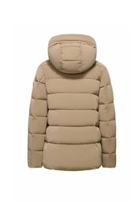 Khaki pufferjack met capuchon, met een gewatteerd ontwerp en horizontaal bafflepatroon. Glad, geïsoleerd materiaal met een relaxte pasvorm.