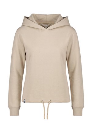 Beige hoodie met lange mouwen, trekkoorden aan de zoom, geribbelde manchetten en een voorlabel aan de onderkant links.