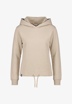 Beige hoodie met lange mouwen, trekkoorden aan de zoom, geribbelde manchetten en een voorlabel aan de onderkant links.