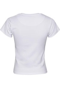 T-shirt bianca a maniche corte con scollatura rotonda, realizzata in cotone, texture liscia e linee pulite, mostrando un design sul retro solido e privo di embellishments.