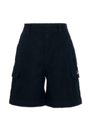 Short cargo neri a vita alta con tasche laterali a patta e passanti per cintura, con una piccola etichetta cucita sulla tasca destra.