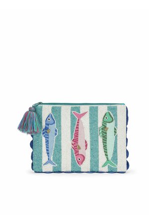 Rectangular fabric pouch with turquoise zipper and tassel, decorated with three colorful fish on vertical turquoise and white stripes.
