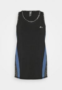 Black sleeveless athletic tank top with blue side panels and patterned trim around armholes and neckline, small reflective logo on chest.