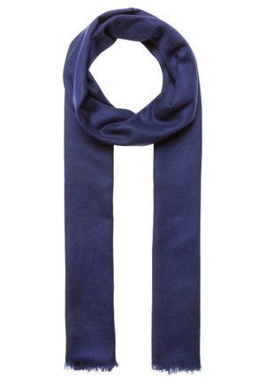 Écharpe bleu marine en tissu doux, présentant une texture lisse avec des bords effilochés, et une forme allongée adaptée au motif d'enroulement.