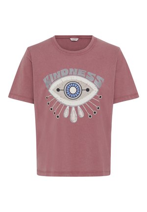 T-shirt à manches courtes couleur rose poussière avec un grand motif d'œil et le mot « BIENVEILLANCE » inscrit en lettres grasses au-dessus.